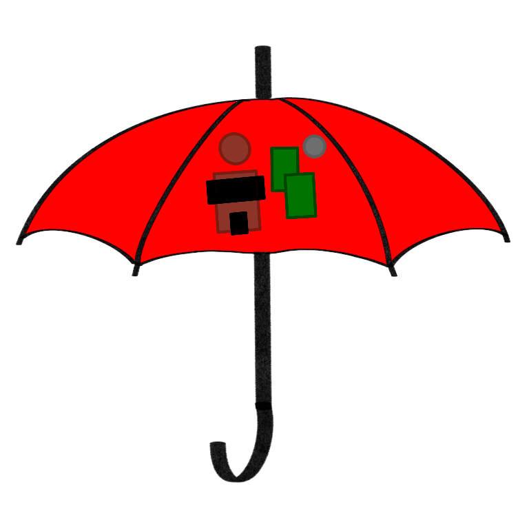 A drawing of a bright red umbrella. On the umbrella is a person with their chest and genitals covered with a black bar and some change next to the person 